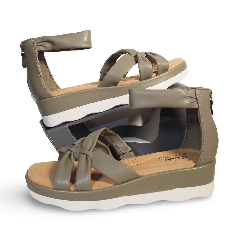 Clarks Clara Rae Wedge Sandals Womens 8.5M Olive Green Ankle Strap 61415466